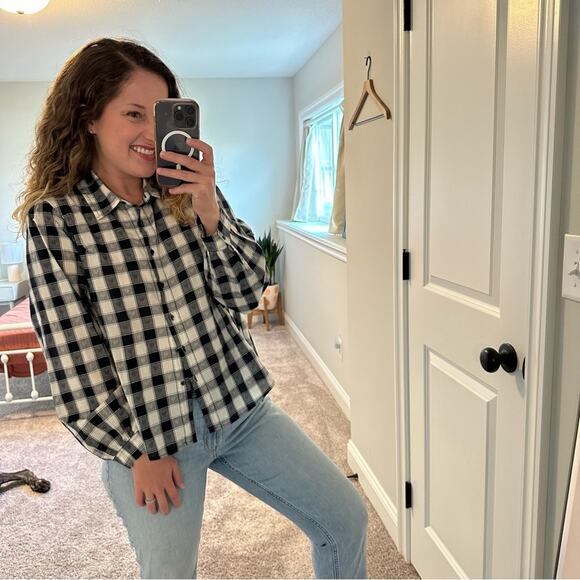 THE GREAT. Black White Heart Plaid Cotton Linen Blouse Top Small 1 - Picture 3 of 10